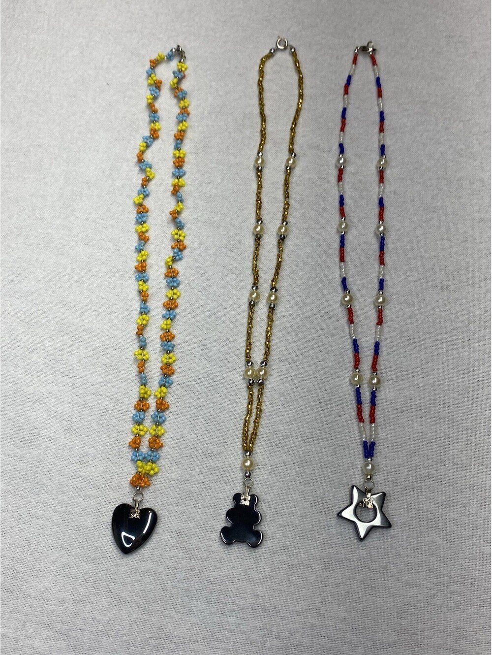 3 Handmade Beaded Necklaces with Hematite Pendants Bear Star Heart